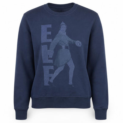 Front view of Cedarwood State unisex navy blue elf sweatshirt medium pullover christmas