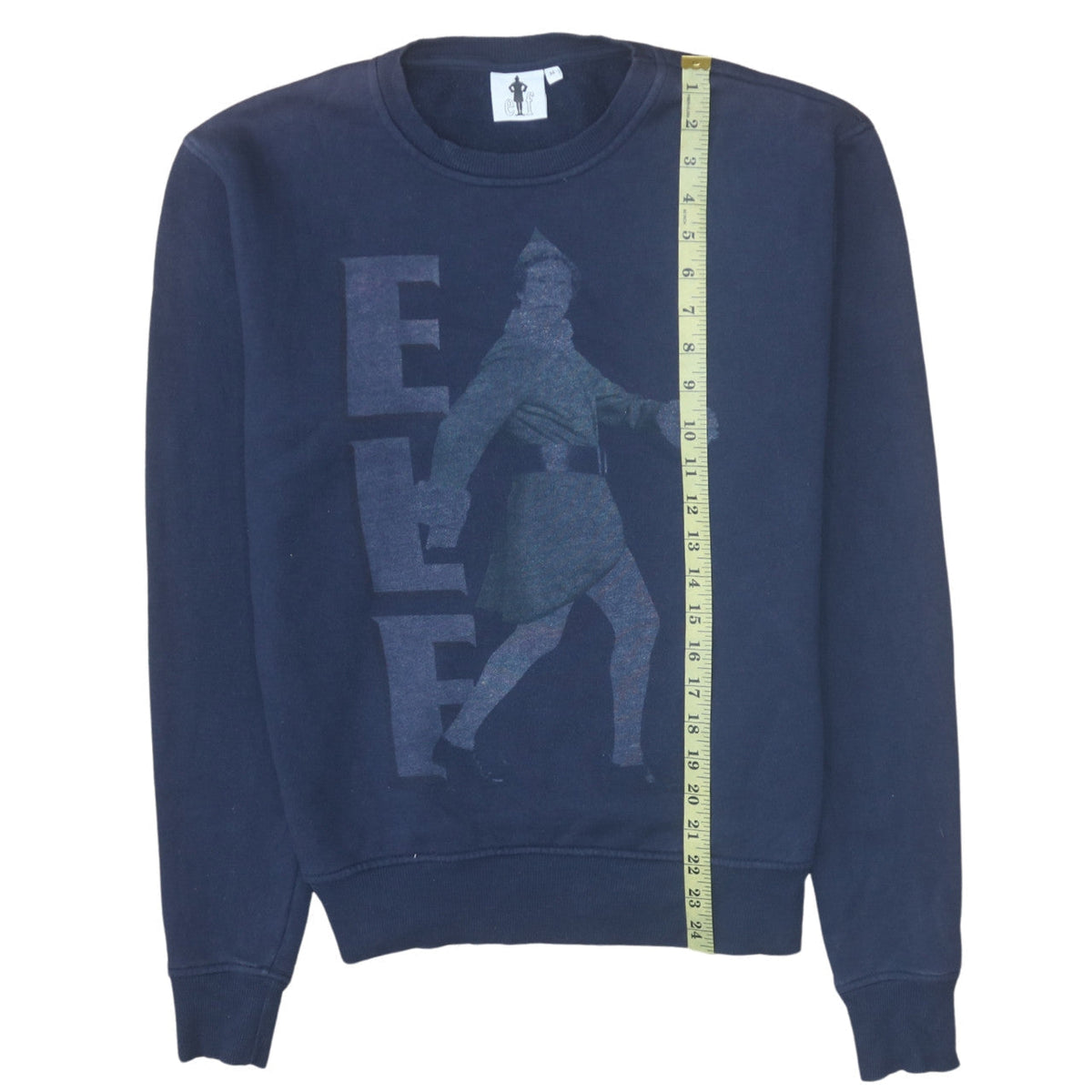 Close-up detail of Cedarwood State unisex navy blue elf sweatshirt medium pullover christmas