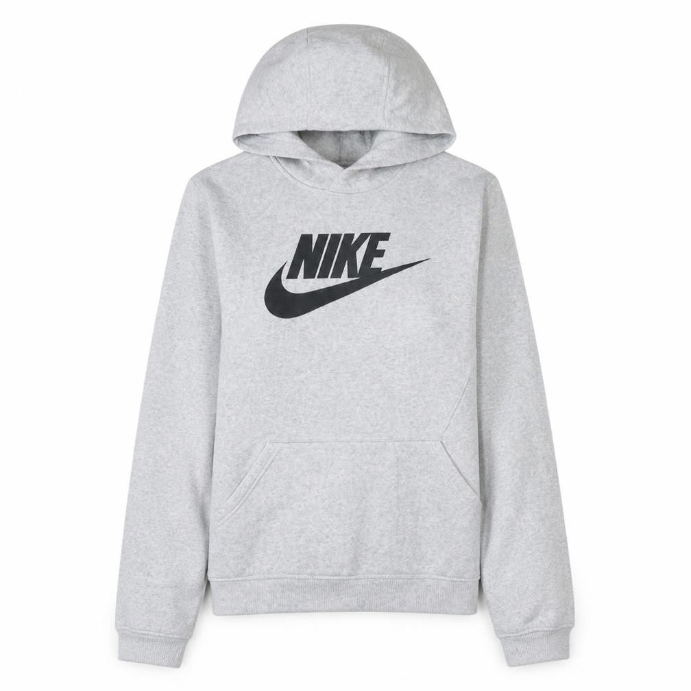 Front view of Nike girls’ grey xl pullover fleece hoodie with logo