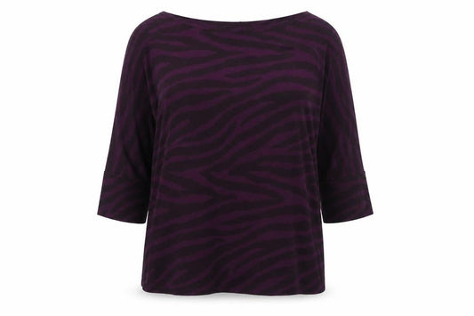 Front view of Jaeger women’s purple animal print 3/4 sleeve tunic blouse m