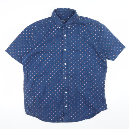 Easy Men's Blue Flamingo Print Short Sleeve Button-Up Shirt XL