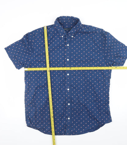 Easy Men's Blue Flamingo Print Short Sleeve Button-Up Shirt XL