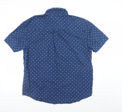 Easy Men's Blue Flamingo Print Short Sleeve Button-Up Shirt XL