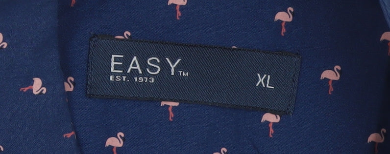 Easy Men's Blue Flamingo Print Short Sleeve Button-Up Shirt XL