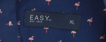 Easy Men's Blue Flamingo Print Short Sleeve Button-Up Shirt XL