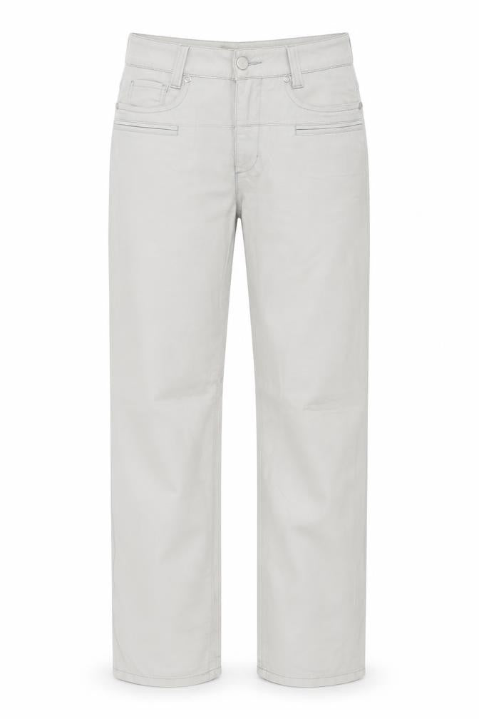Front view of Cambio Women Beige Straight Jeans, size 8, Cotton Stretch Pearlie Style