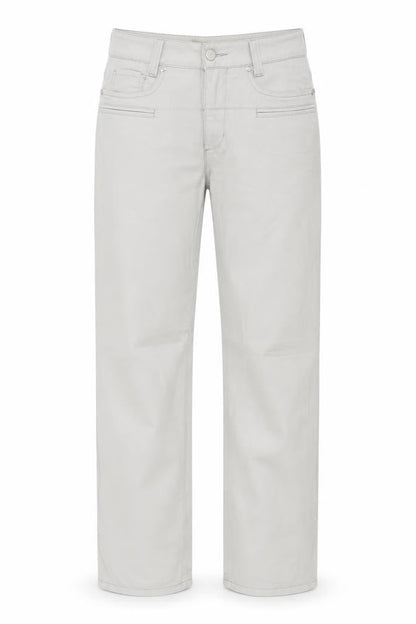 Front view of Cambio Women Beige Straight Jeans, size 8, Cotton Stretch Pearlie Style
