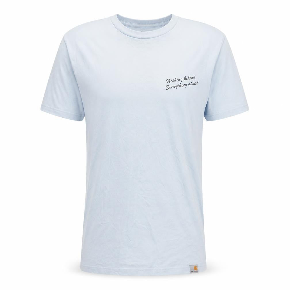Front view of Carhartt Blue unisex adults small graphic short sleeve cotton t-shirt