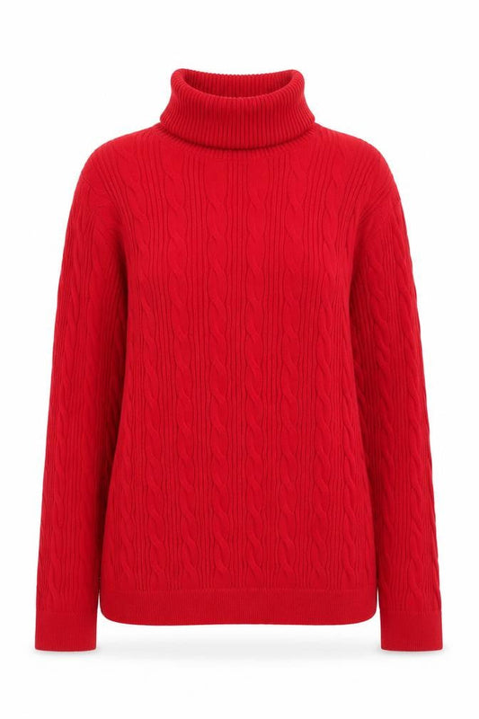 Lands' End Women's Red Roll Neck Cable-Knit Cotton Jumper Size M