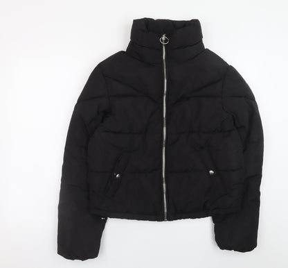 Bershka Women Black Short Puffer Jacket Size S Zip Quilted Winter Coat
