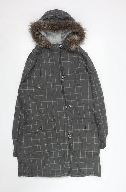 Billabong Womens Grey Checked Faux Fur Hooded Long Parka Coat L