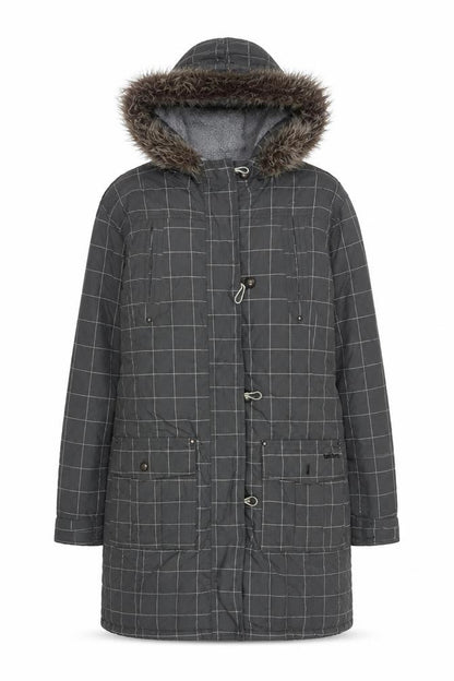 Billabong Womens Grey Checked Faux Fur Hooded Long Parka Coat L