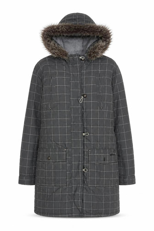 Billabong Womens Grey Checked Faux Fur Hooded Long Parka Coat L