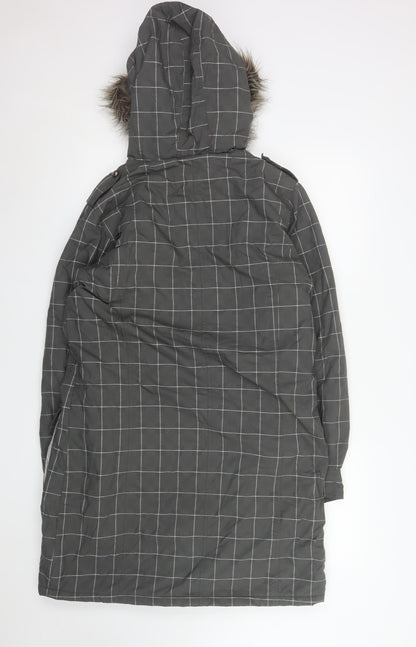 Billabong Womens Grey Checked Faux Fur Hooded Long Parka Coat L