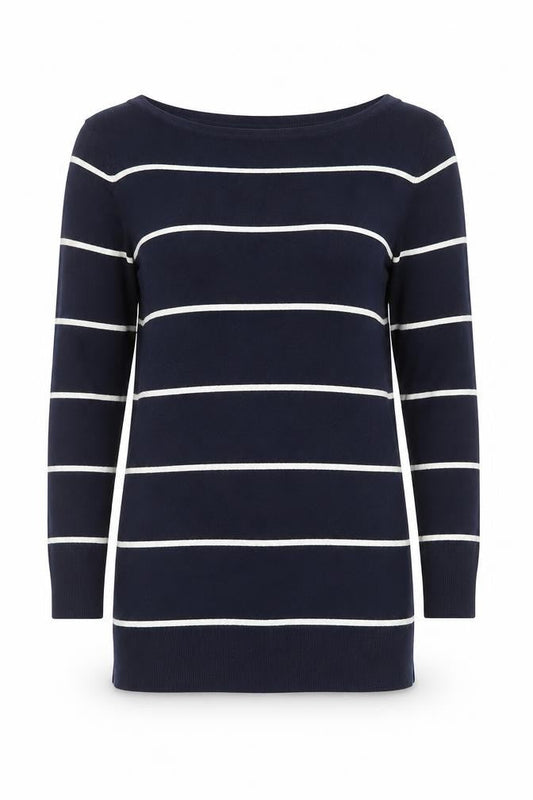 Dorothy Perkins Women’s Blue Striped 3/4 Sleeve Boat Neck Knit Top Size 10