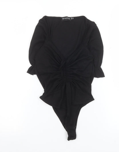 PrettyLittleThing Womens Black Bodysuit Size 4 Ruched Puff Sleeve