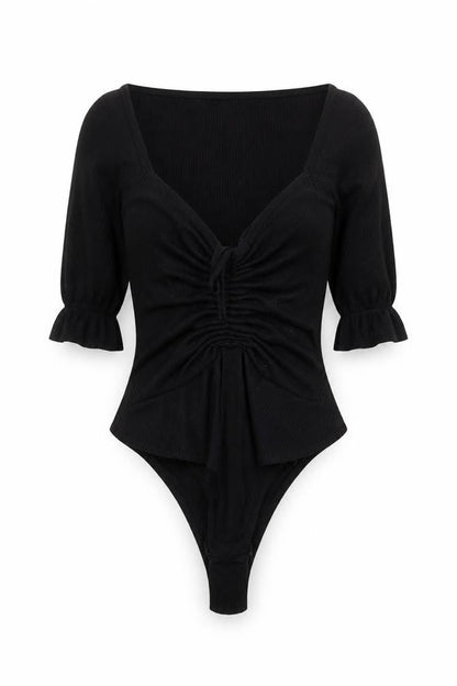 PrettyLittleThing Womens Black Bodysuit Size 4 Ruched Puff Sleeve