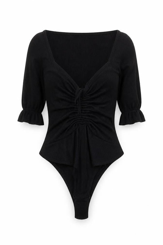 PrettyLittleThing Womens Black Bodysuit Size 4 Ruched Puff Sleeve