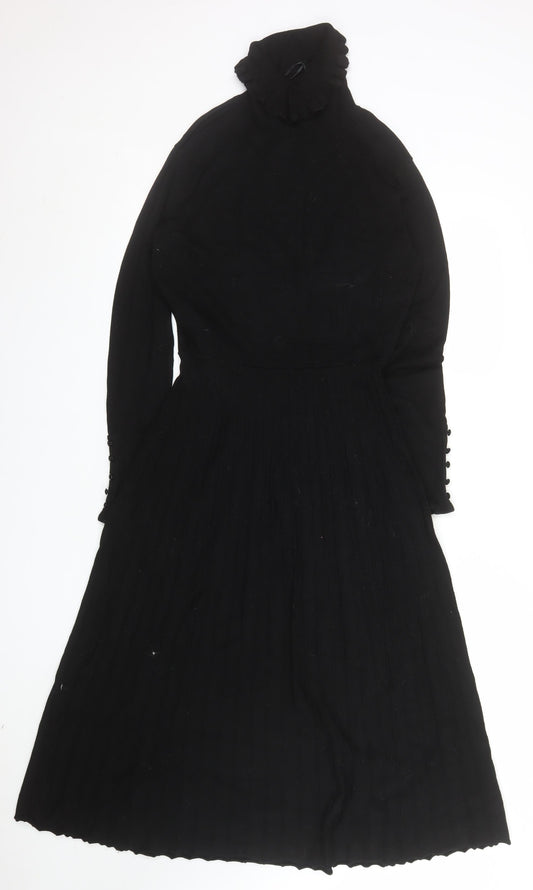 Monsoon Women Black Knit Fit & Flare Long Sleeve High Neck Dress M