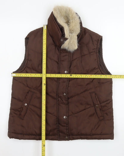 E-vie Women Brown Size 16 Puffer Fur Trim Sleeveless Waistcoat