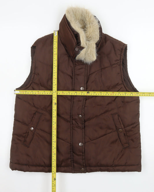 E-vie Women Brown Size 16 Puffer Fur Trim Sleeveless Waistcoat