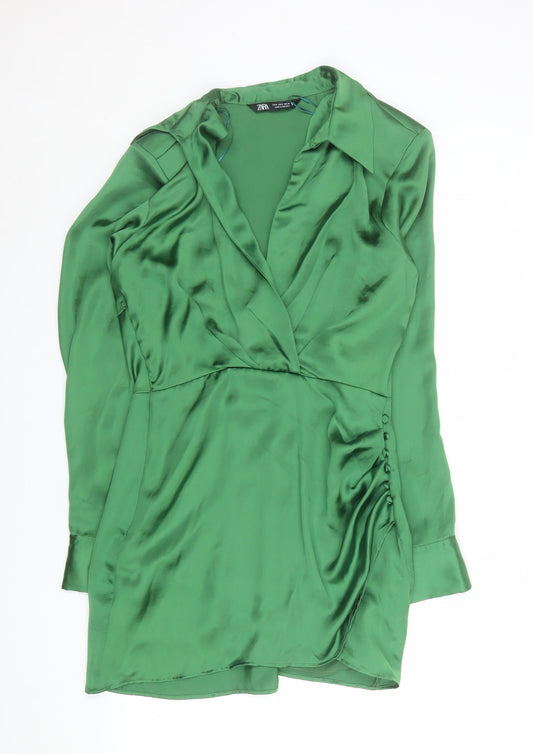 ZARA Women Green Satin Wrap Short Dress Long Sleeve Size S