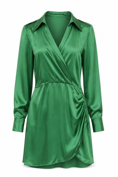 ZARA Women Green Satin Wrap Short Dress Long Sleeve Size S