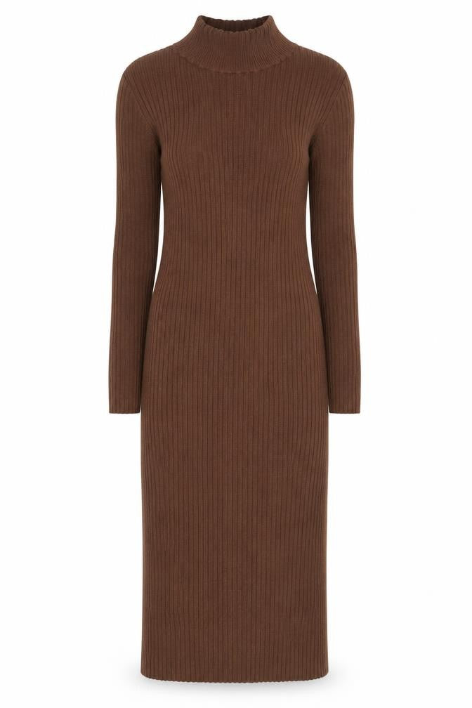 Front view of ASOS Women’s Brown Ribbed Knit Roll Neck Bodycon Midi Dress, size UK 10