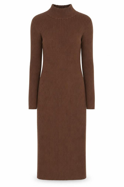 Front view of ASOS Women’s Brown Ribbed Knit Roll Neck Bodycon Midi Dress, size UK 10