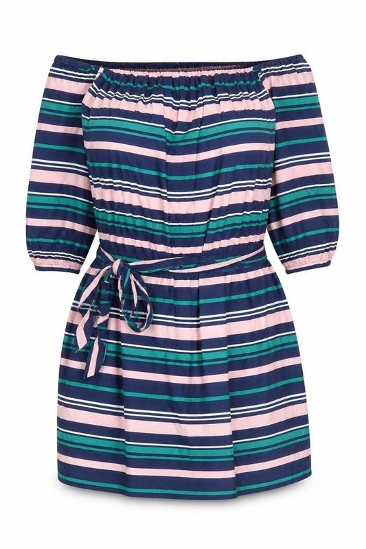 Front view of Miss Selfridge Women’s Multicoloured Off Shoulder Striped Short Dress UK 10