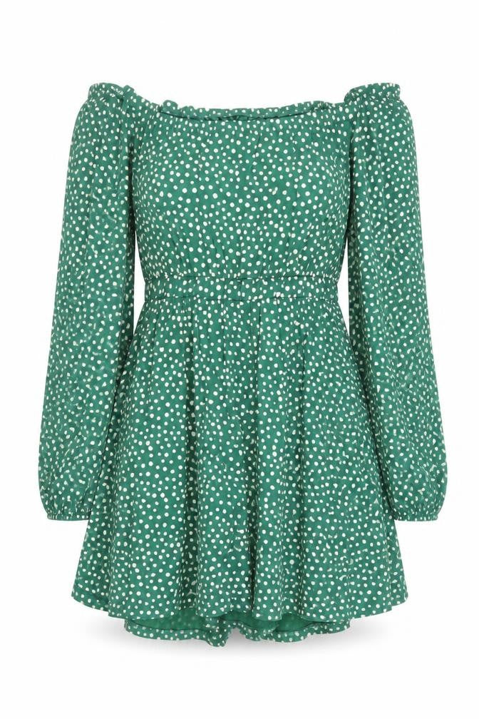 Front view of ASOS Women’s Green Polka Dot Off Shoulder Skater Dress, size UK 10