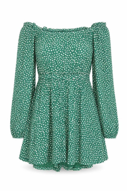 Front view of ASOS Women’s Green Polka Dot Off Shoulder Skater Dress, size UK 10