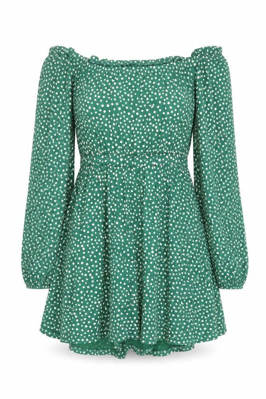 Front view of ASOS Women’s Green Polka Dot Off Shoulder Skater Dress, size UK 10