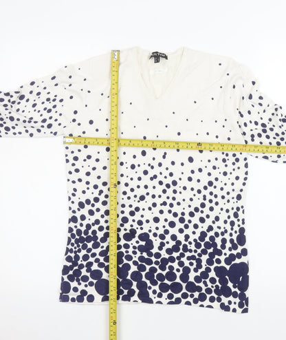 Marble Women White Polka Dot V-Neck Long Sleeve Pullover Jumper Size 10