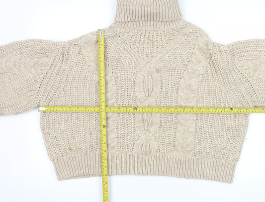H&M Women’s Beige Chunky Roll Neck Cable Knit Jumper Size 12