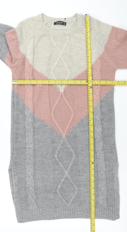 Insiarah Women's Grey Pink Colourblock Knit Jumper Dress Size S Long Sleeve