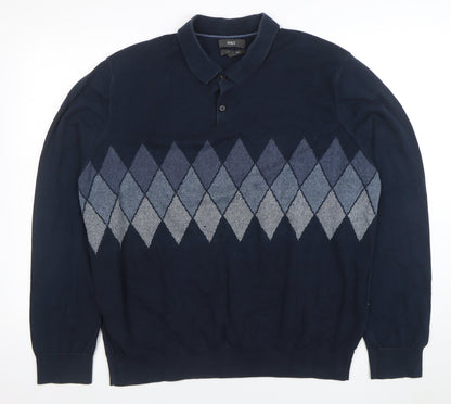 Marks and Spencer Men Navy Blue Argyle Long Sleeve Polo 3XL Cotton Blend
