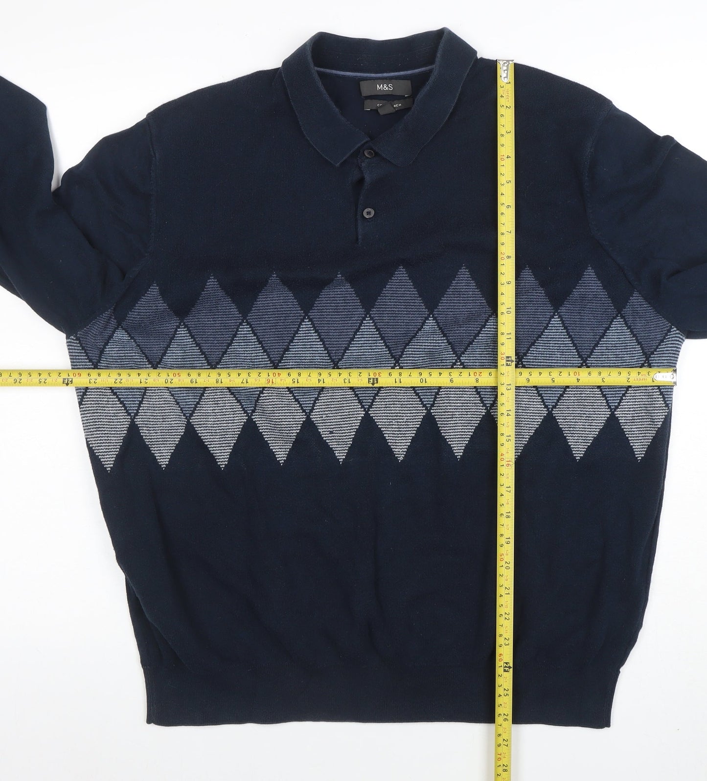 Marks and Spencer Men Navy Blue Argyle Long Sleeve Polo 3XL Cotton Blend