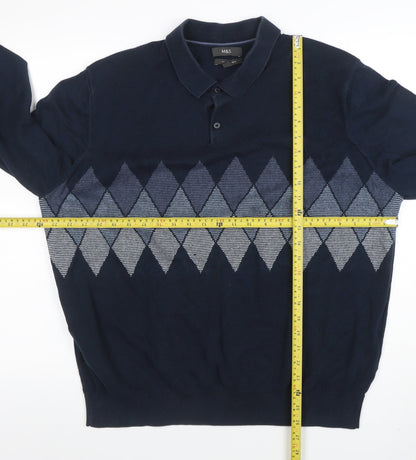 Marks and Spencer Men Navy Blue Argyle Long Sleeve Polo 3XL Cotton Blend