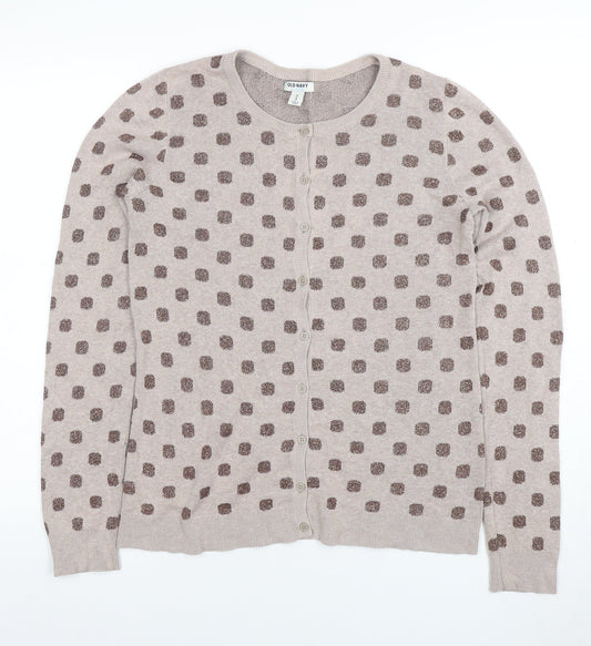 Old Navy Women Beige Polka Dot Cardigan M Knit Crew Neck
