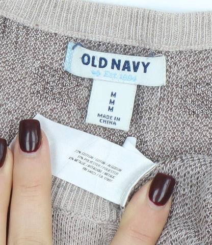 Old Navy Women Beige Polka Dot Cardigan M Knit Crew Neck