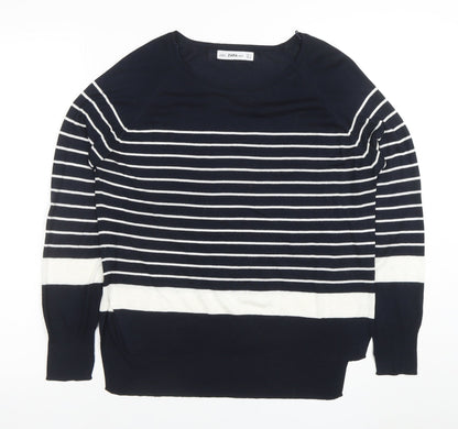 Zara Women Blue Striped Knit Long Sleeve Boat Neck Blouse M