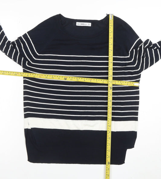 Zara Women Blue Striped Knit Long Sleeve Boat Neck Blouse M