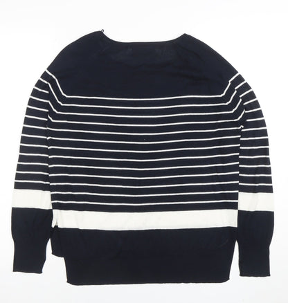 Zara Women Blue Striped Knit Long Sleeve Boat Neck Blouse M