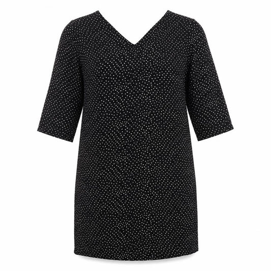 Front view of Jacqueline de Yong Women's Black Polka Dot V-Neck Shift Dress, size 12