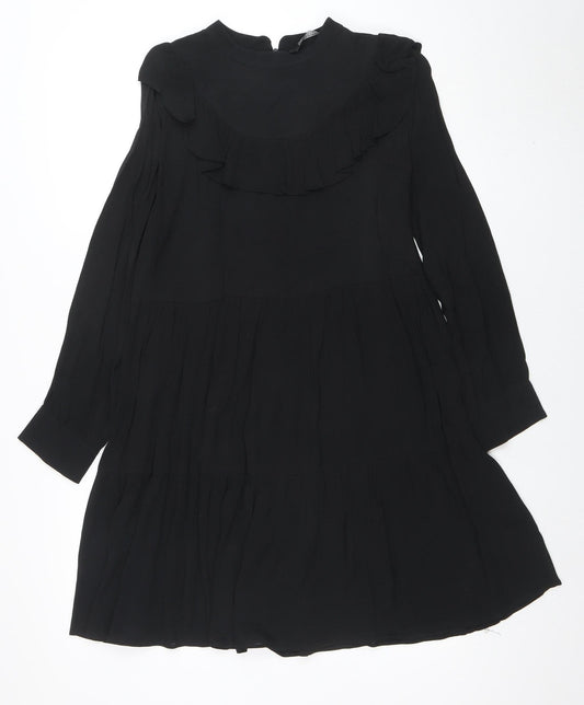 Zara Women Black Ruffle High Neck Long Sleeve Shift Dress M