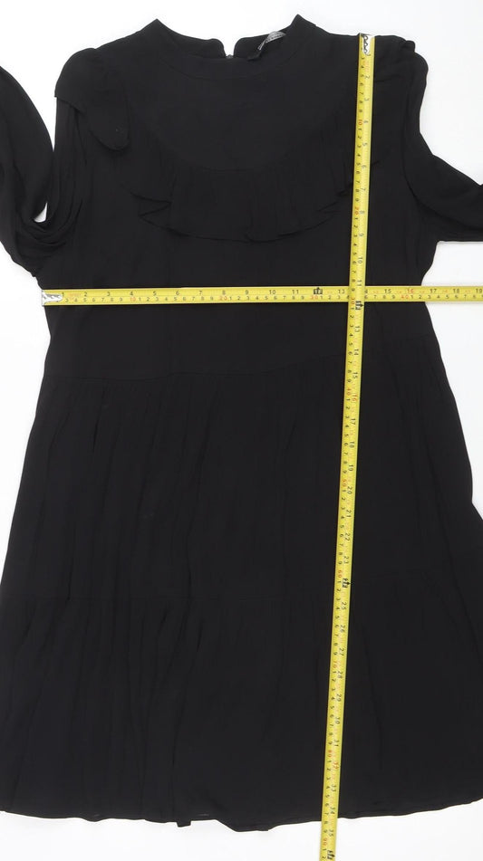 Zara Women Black Ruffle High Neck Long Sleeve Shift Dress M