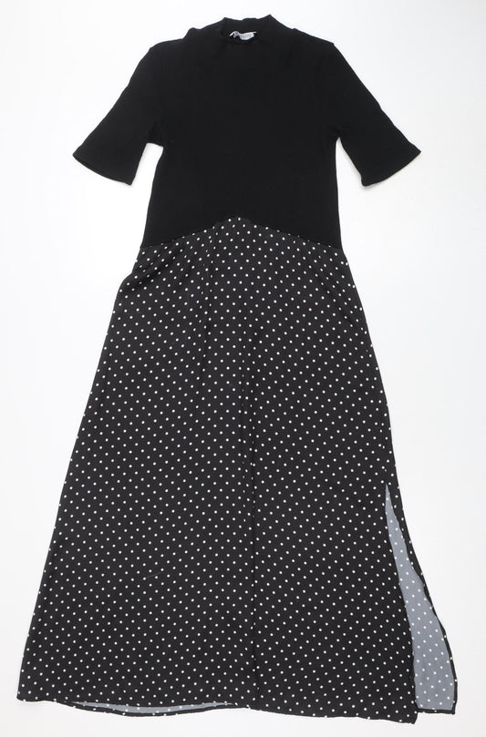 ZARA Women Black Polka Dot Fit & Flare Midi Dress Size 12