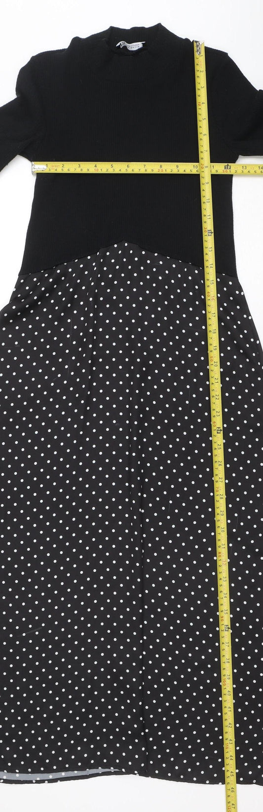 ZARA Women Black Polka Dot Fit & Flare Midi Dress Size 12
