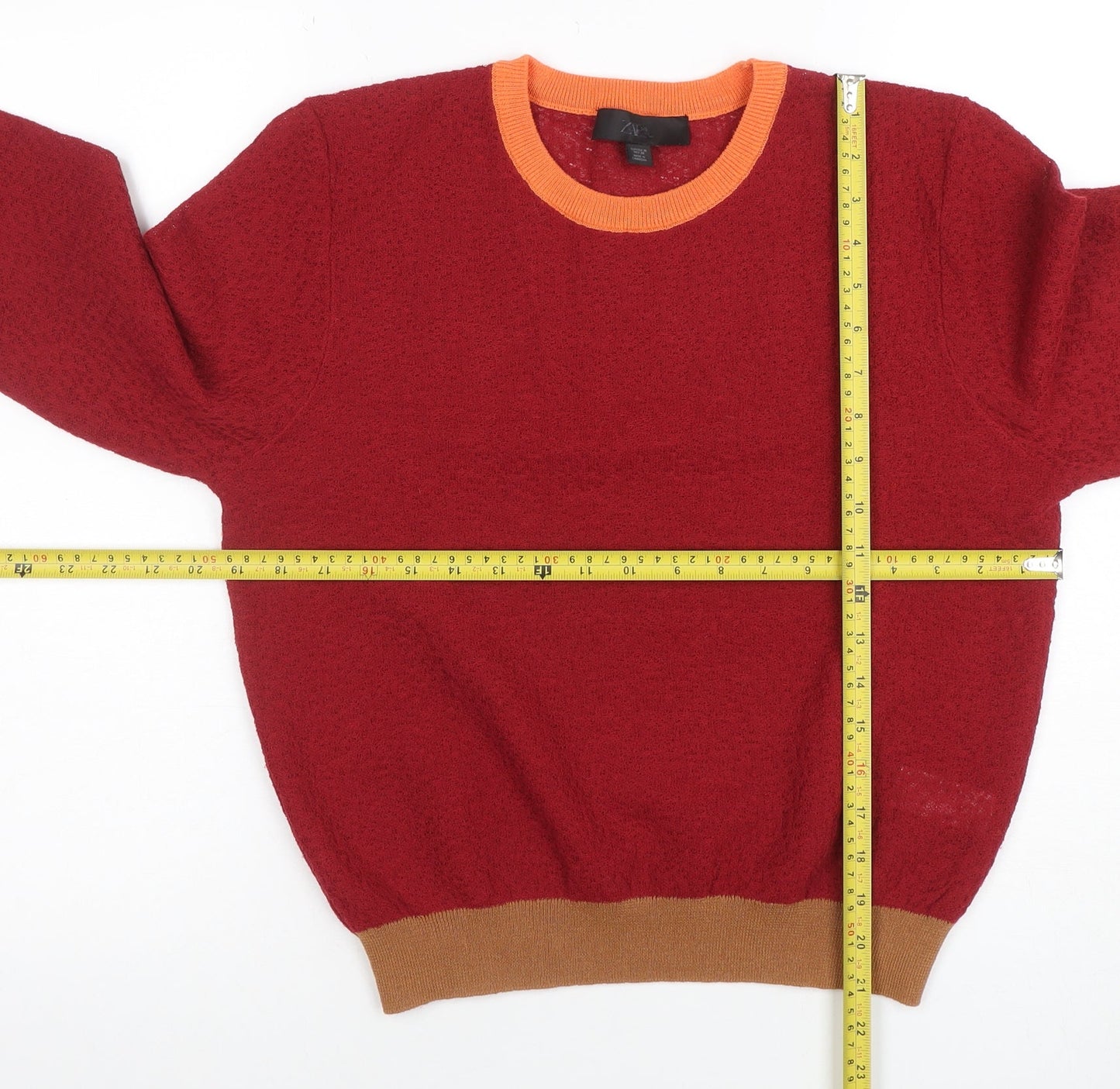 Zara Women Red Crew Neck Knitted Jumper M Wool Blend Long Sleeve Classic Fit